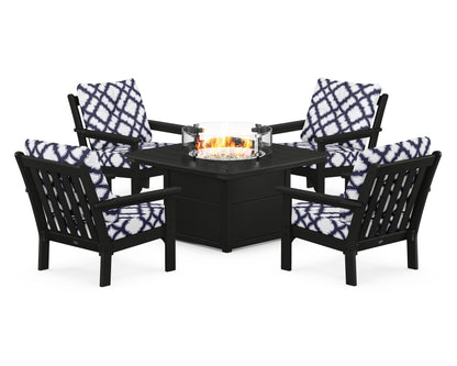 POLYWOOD® Vineyard 5-Piece Conversation Set with Fire Pit Table in Black / Trellis Navy