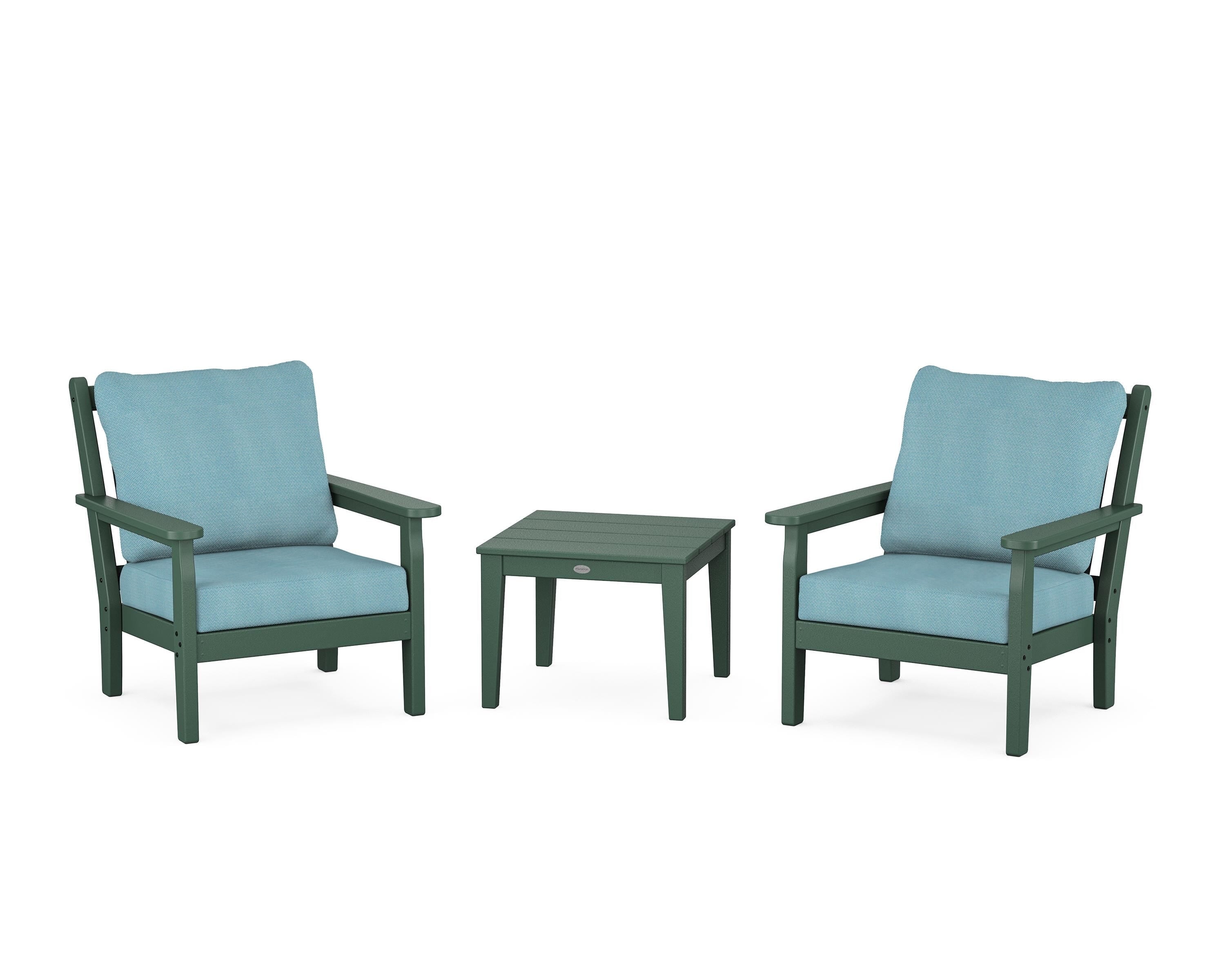 POLYWOOD® Chippendale 3-Piece Deep Seating Set in Green / Lattice Sky Blue