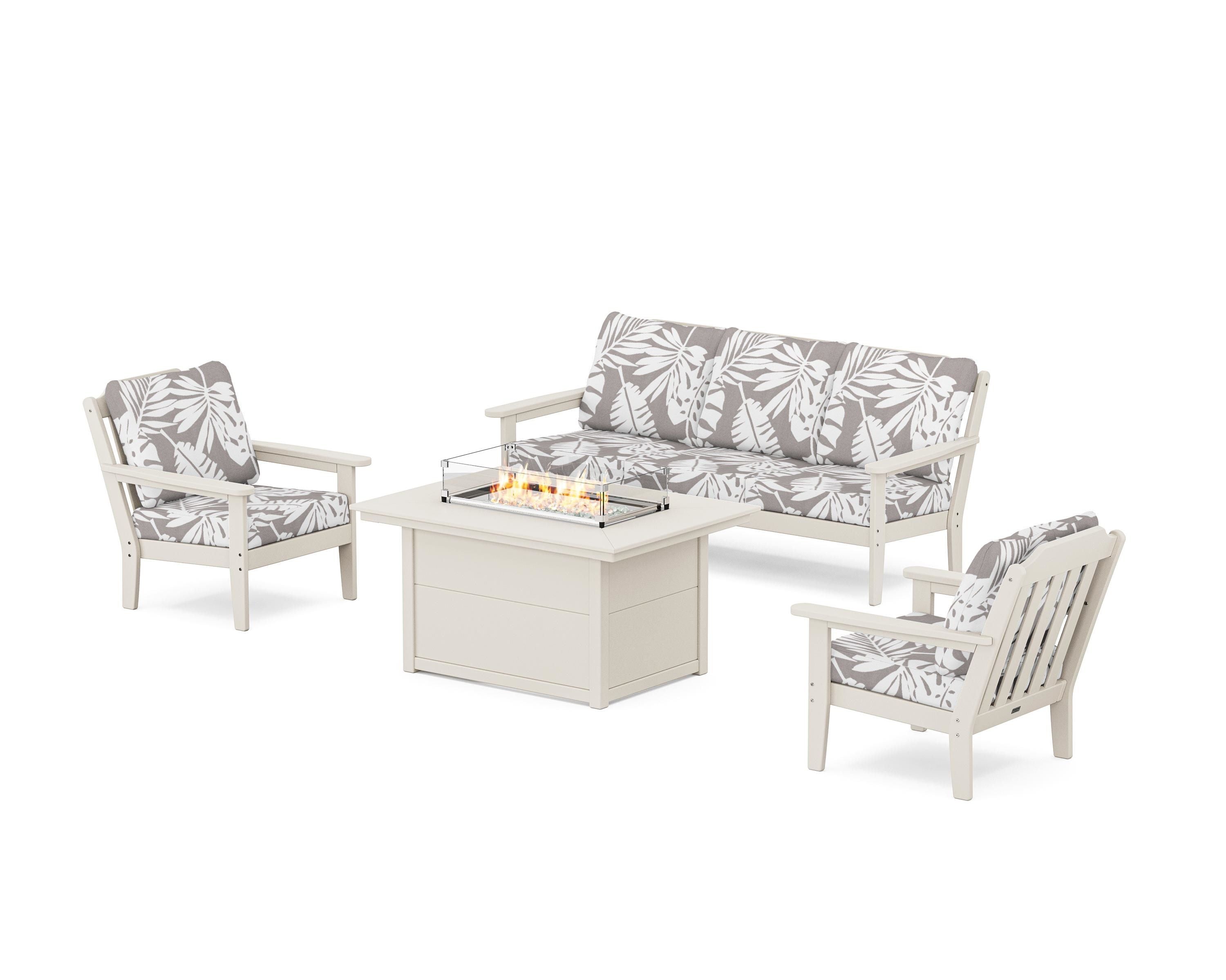 Country Living Cottage Deep Seating Fire Pit Table Set in Sand / Leaf Grey Mist