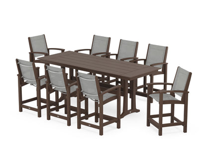 POLYWOOD® Coastal 9-Piece Farmhouse Counter Set with Trestle Legs in Mahogany / Metallic Sling