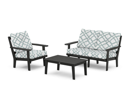 POLYWOOD® Oxford 3-Piece Deep Seating Set with Loveseat in Black / Trellis Glacier Spa