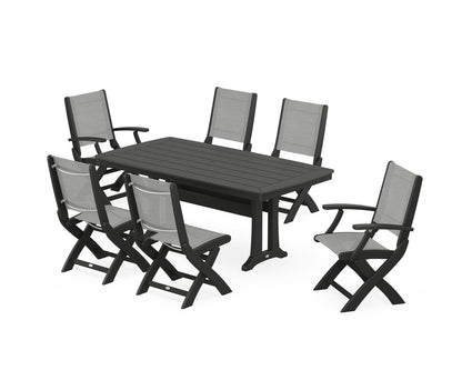 POLYWOOD® Coastal Folding Chair 7-Piece Dining Set with Trestle Legs in Black / Metallic Sling