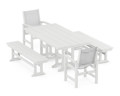 POLYWOOD® Coastal 5-Piece Farmhouse Dining Set in White / White Sling