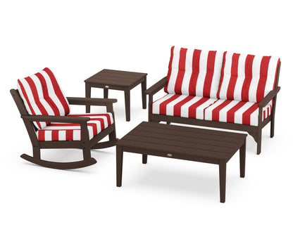 POLYWOOD® Vineyard 4-Piece Deep Seating Rocker Set in Mahogany / Cabana Stripe Crimson