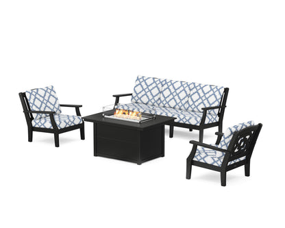 Martha Stewart by POLYWOOD® Chinoiserie Deep Seating Fire Pit Table Set in Black / Trellis Sky Blue