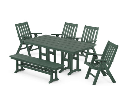 POLYWOOD® Vineyard Folding Chair 6-Piece Farmhouse Dining Set with Bench in Green