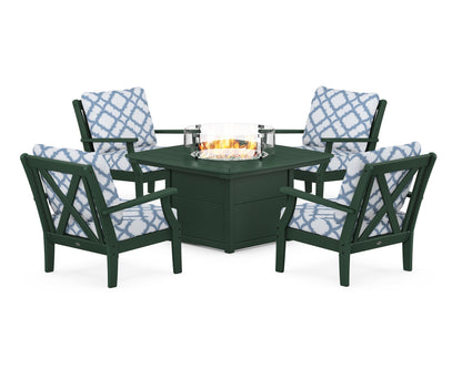 POLYWOOD® Braxton 5-Piece Deep Seating Conversation Set with Fire Pit Table in Green / Trellis Sky Blue