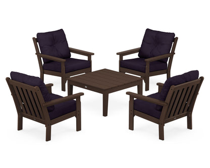 POLYWOOD® Vineyard 5-Piece Deep Seating Conversation Set in Mahogany / Navy Linen