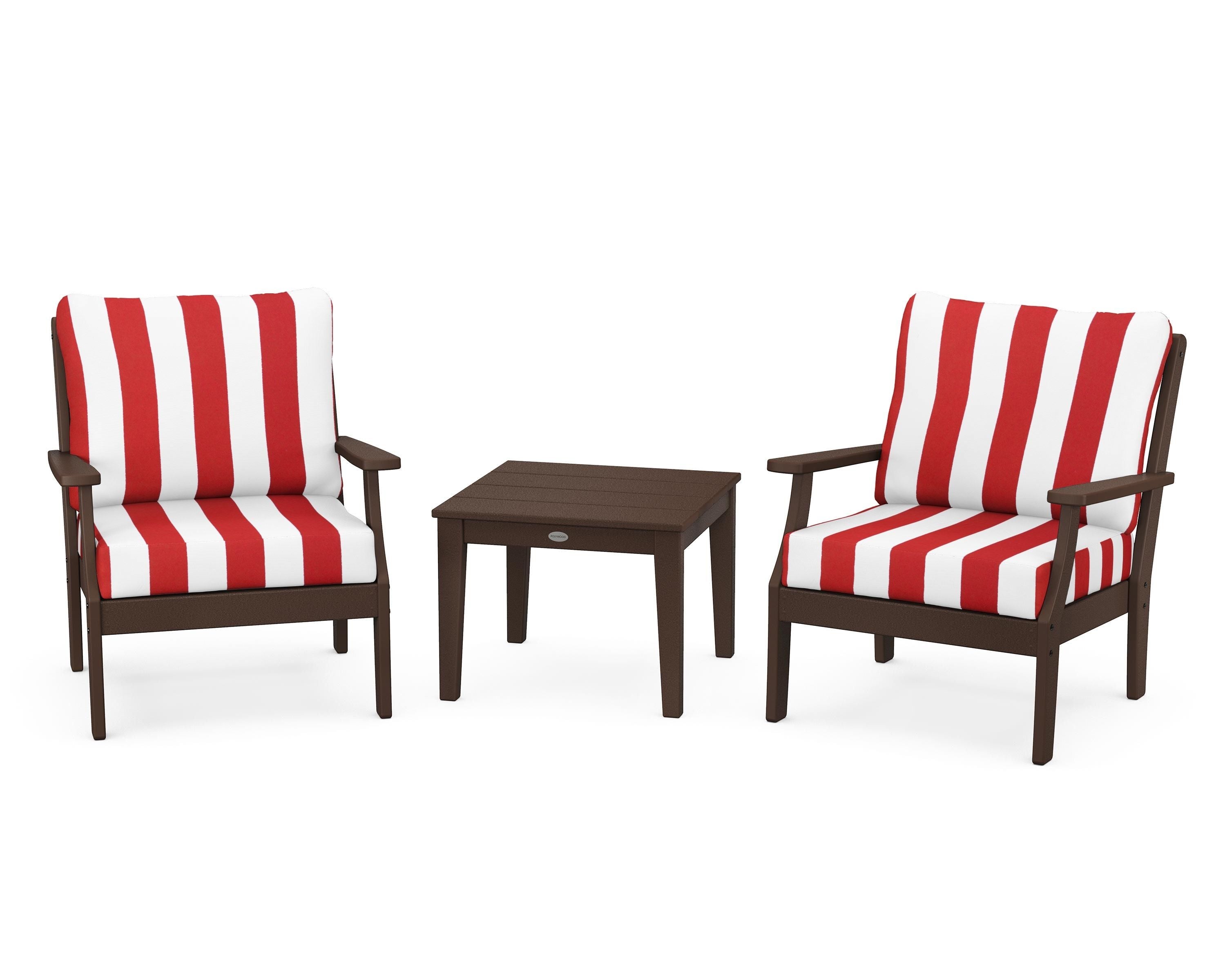 POLYWOOD® Braxton 3-Piece Deep Seating Set in Mahogany / Cabana Stripe Crimson
