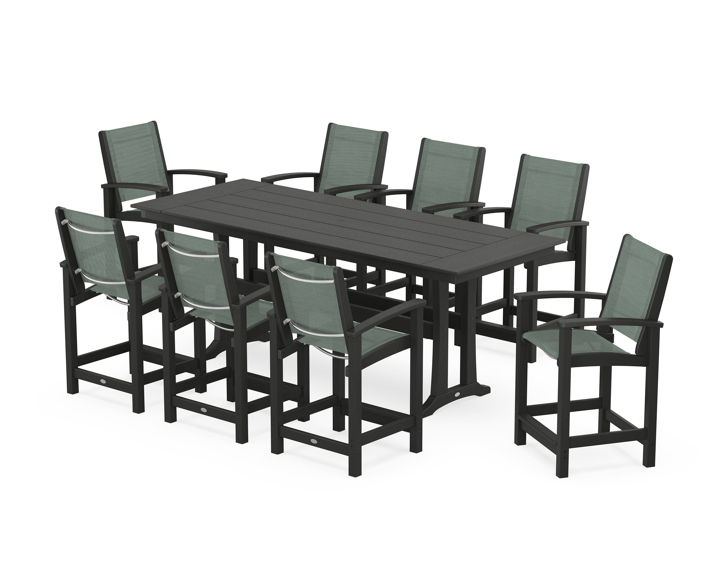 POLYWOOD® Coastal 9-Piece Farmhouse Counter Set with Trestle Legs in Black / Dupioni Sea Mist Sling