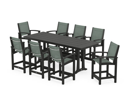 POLYWOOD® Coastal 9-Piece Farmhouse Counter Set with Trestle Legs in Black / Dupioni Sea Mist Sling
