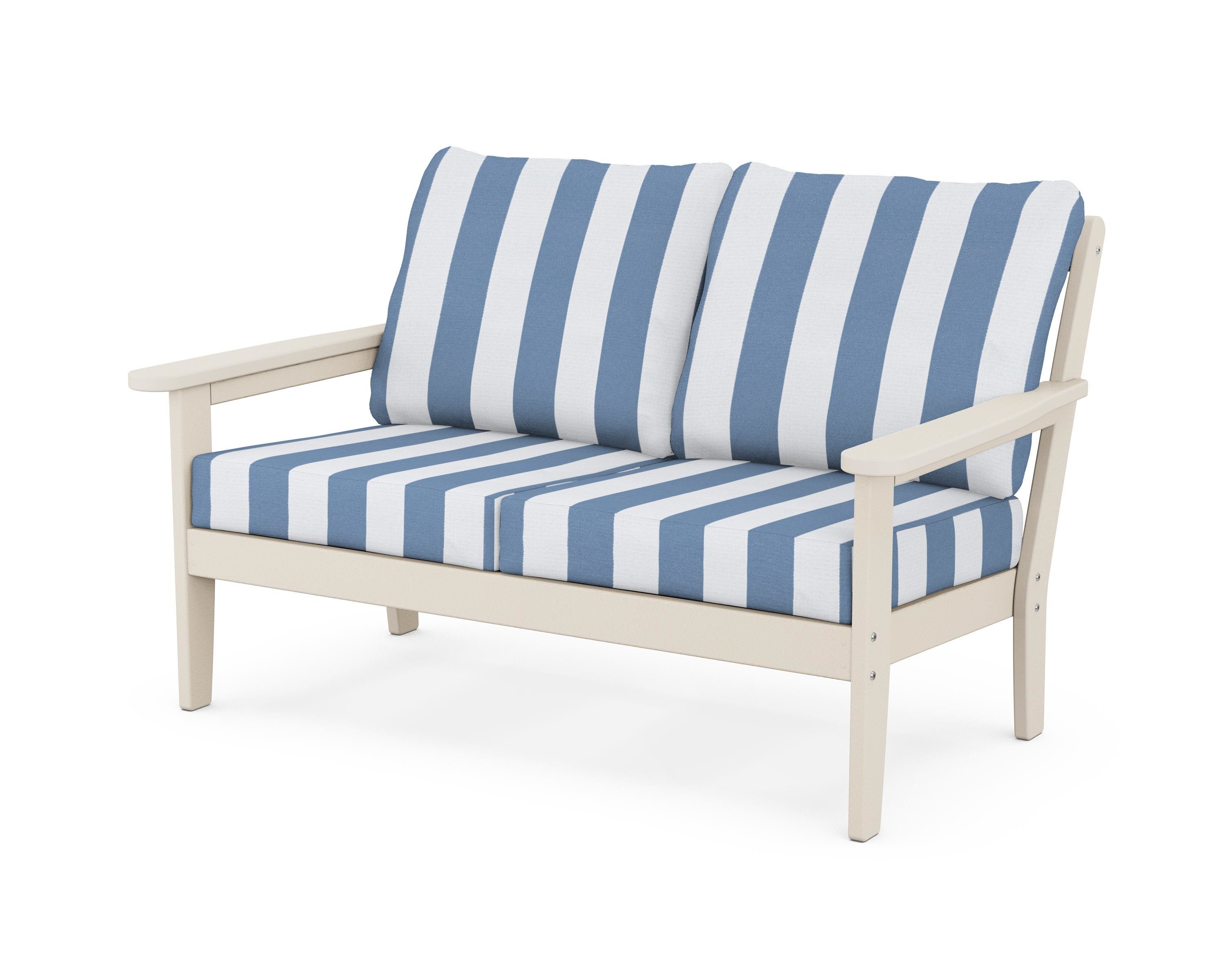 Country Living Cottage Deep Seating Loveseat in Sand / Cabana Stripe Sky Blue