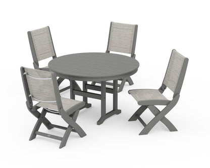 POLYWOOD® Coastal Folding Side Chair 5-Piece Round Dining Set in Slate Grey / Birch Sling