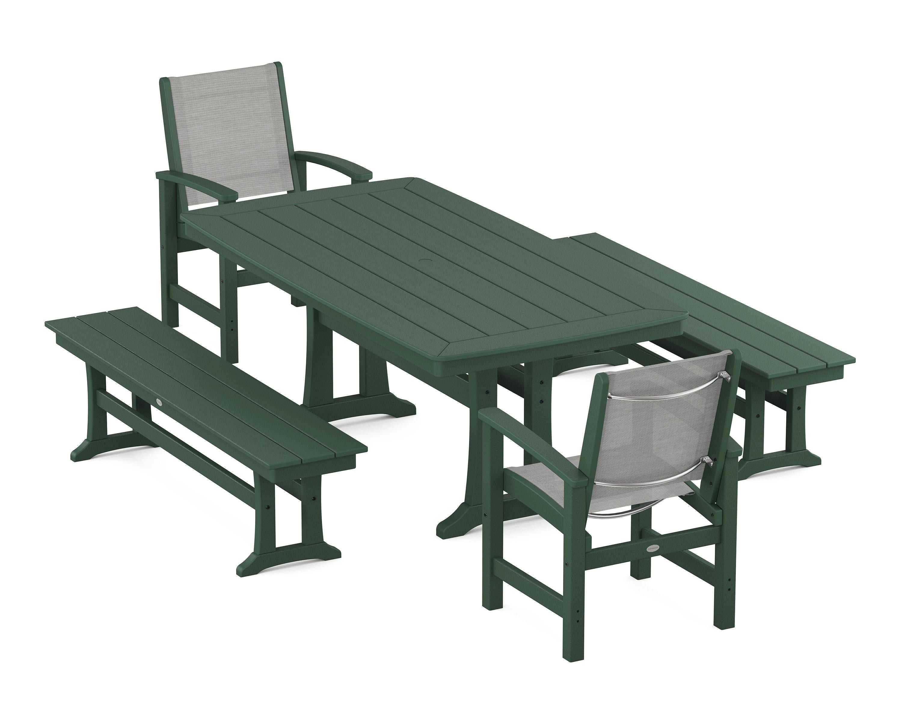 POLYWOOD® Coastal 5-Piece Dining Set with Trestle Legs and Benches in Green / Metallic Sling