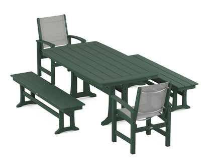 POLYWOOD® Coastal 5-Piece Dining Set with Trestle Legs and Benches in Green / Metallic Sling
