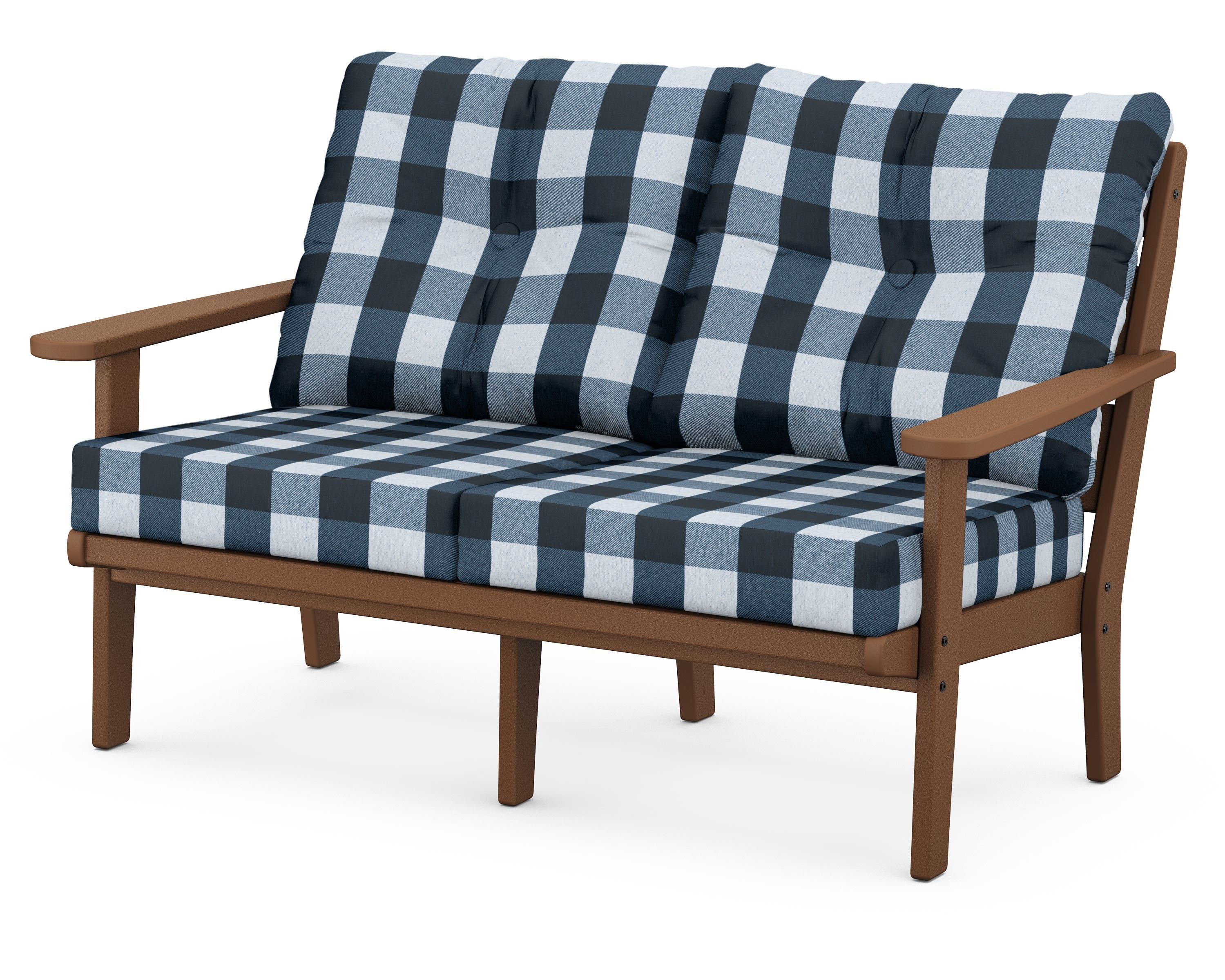 POLYWOOD® Lakeside Deep Seating Loveseat in Teak / Buffalo Plaid Marine Indigo