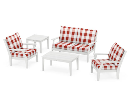POLYWOOD® Braxton 5-Piece Deep Seating Set in White / Buffalo Plaid Crimson