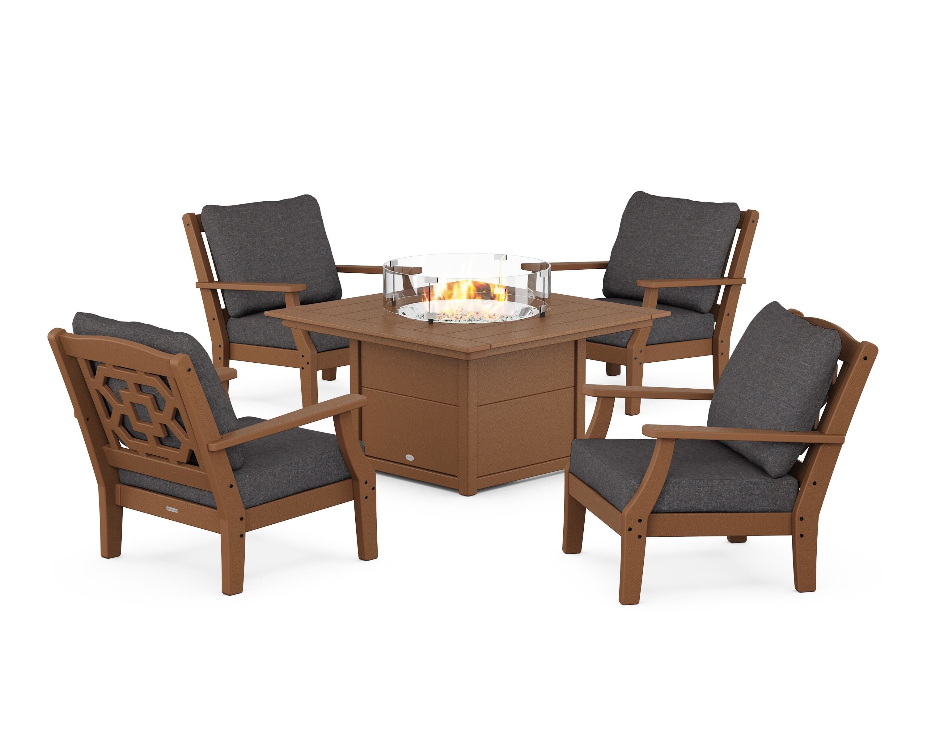 Martha Stewart by POLYWOOD® Chinoiserie 5-Piece Deep Seating Set with Fire Pit Table in Teak / Ash Charcoal