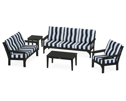 POLYWOOD® Vineyard 5 Piece Deep Seating Set in Black / Cabana Stripe Marine Indigo
