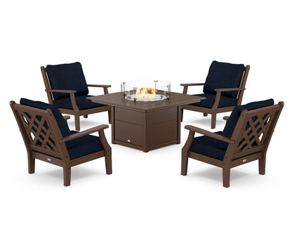 Country Living Wovendale 5-Piece Deep Seating Set with Fire Pit Table in Mahogany / Marine Indigo