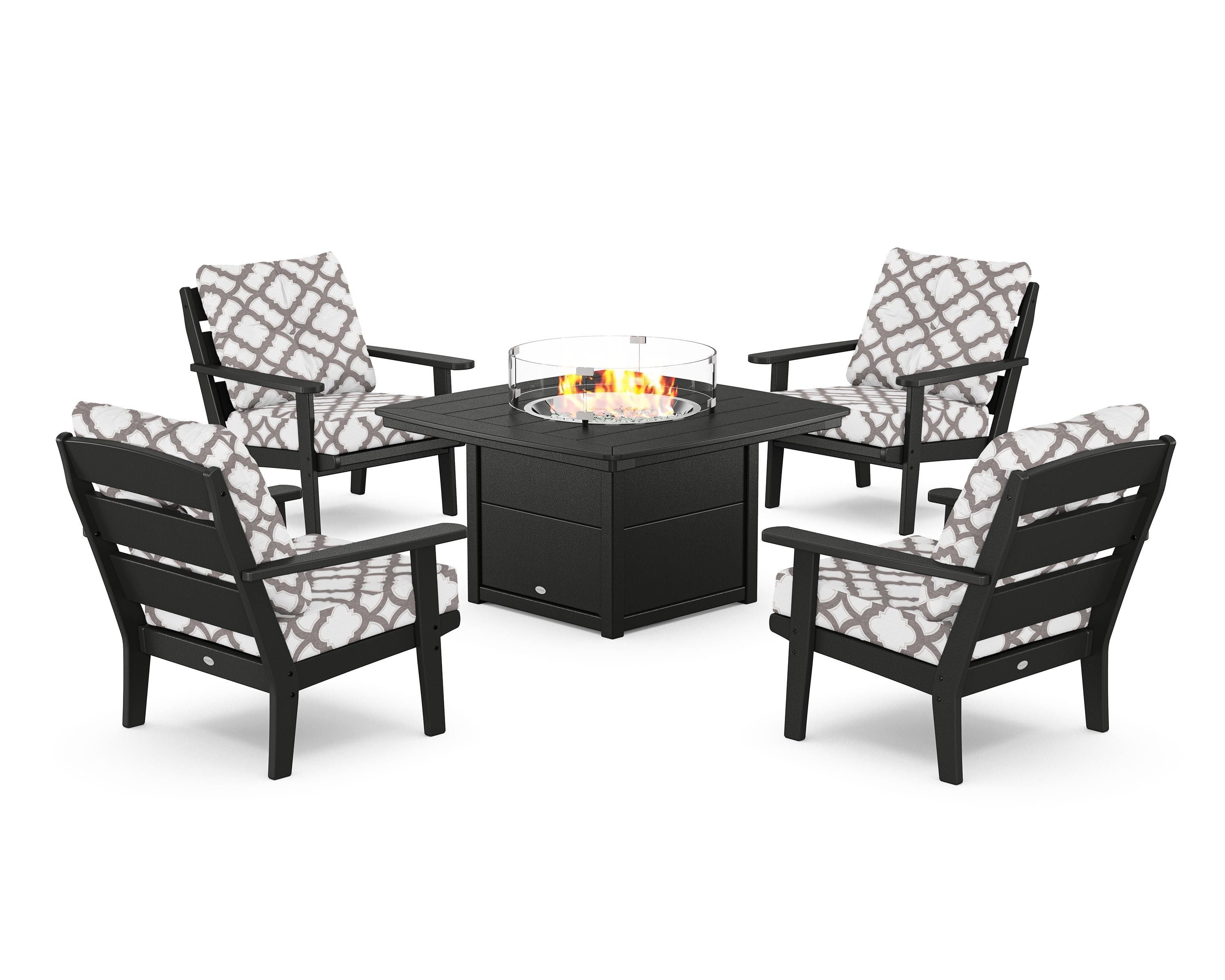 POLYWOOD® Lakeside 5-Piece Deep Seating Set with Nautical Fire Pit Table in Black / Trellis Grey Mist