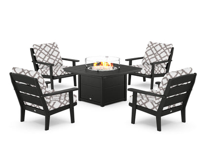 POLYWOOD® Lakeside 5-Piece Deep Seating Set with Nautical Fire Pit Table in Black / Trellis Grey Mist