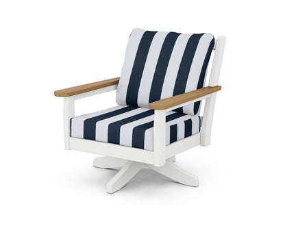 POLYWOOD® Chippendale Deep Seating Swivel Chair in White / Natural / Cabana Stripe Marine Indigo