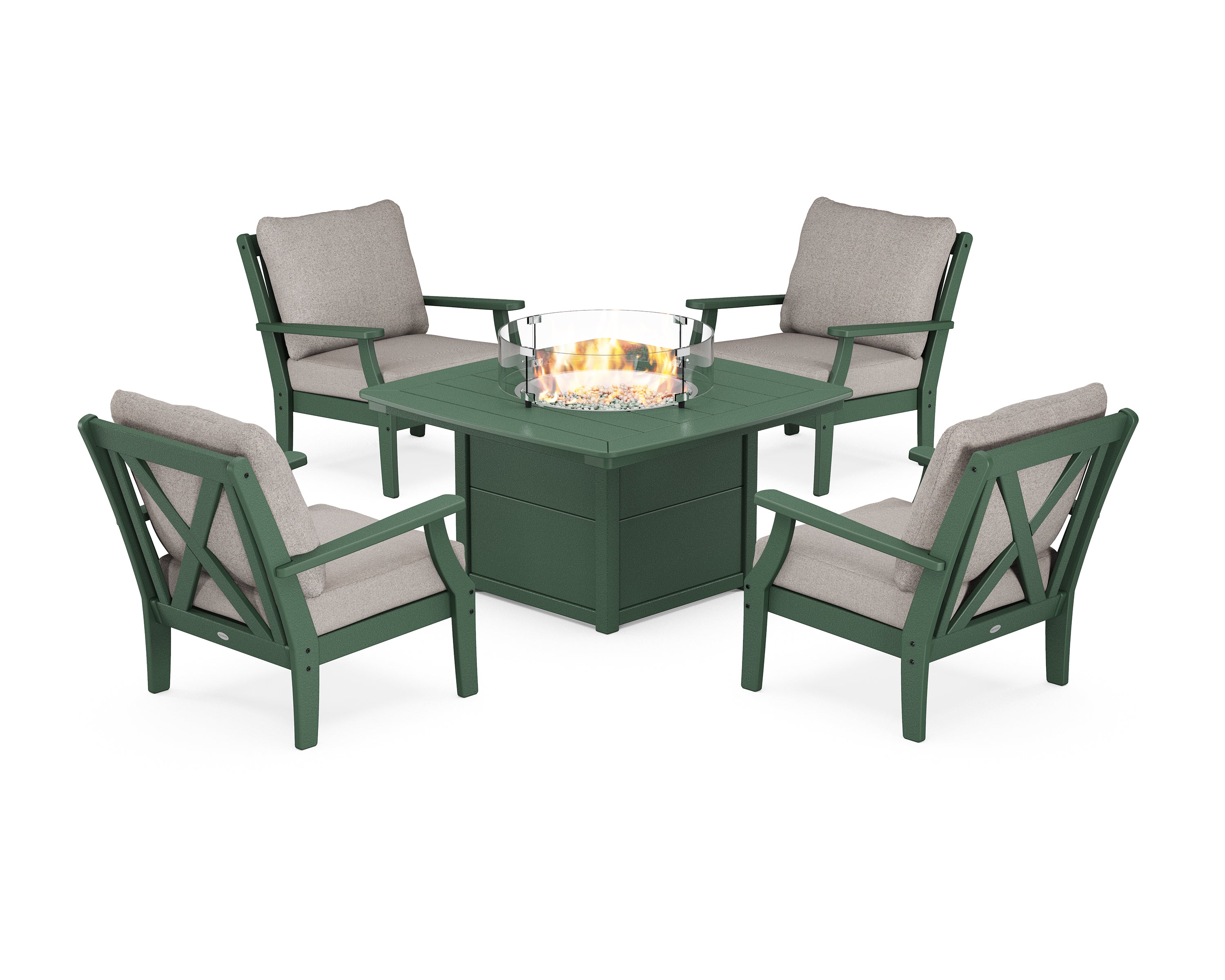 POLYWOOD® Braxton 5-Piece Deep Seating Conversation Set with Fire Pit Table in Green / Weathered Tweed