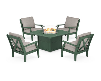 POLYWOOD® Braxton 5-Piece Deep Seating Conversation Set with Fire Pit Table in Green / Weathered Tweed