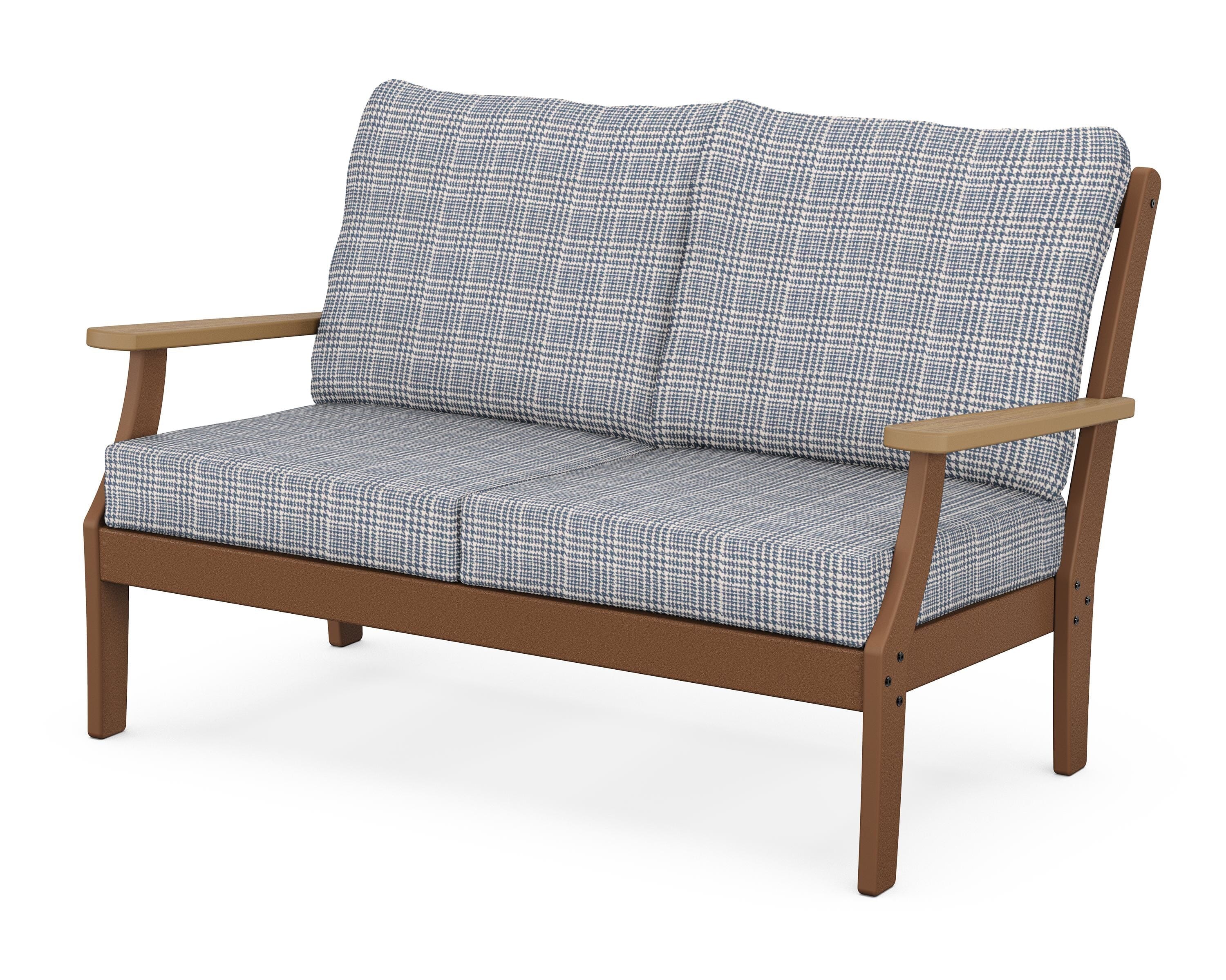 POLYWOOD® Braxton Deep Seating Loveseat in Teak / Natural / Houndstooth Sky Blue