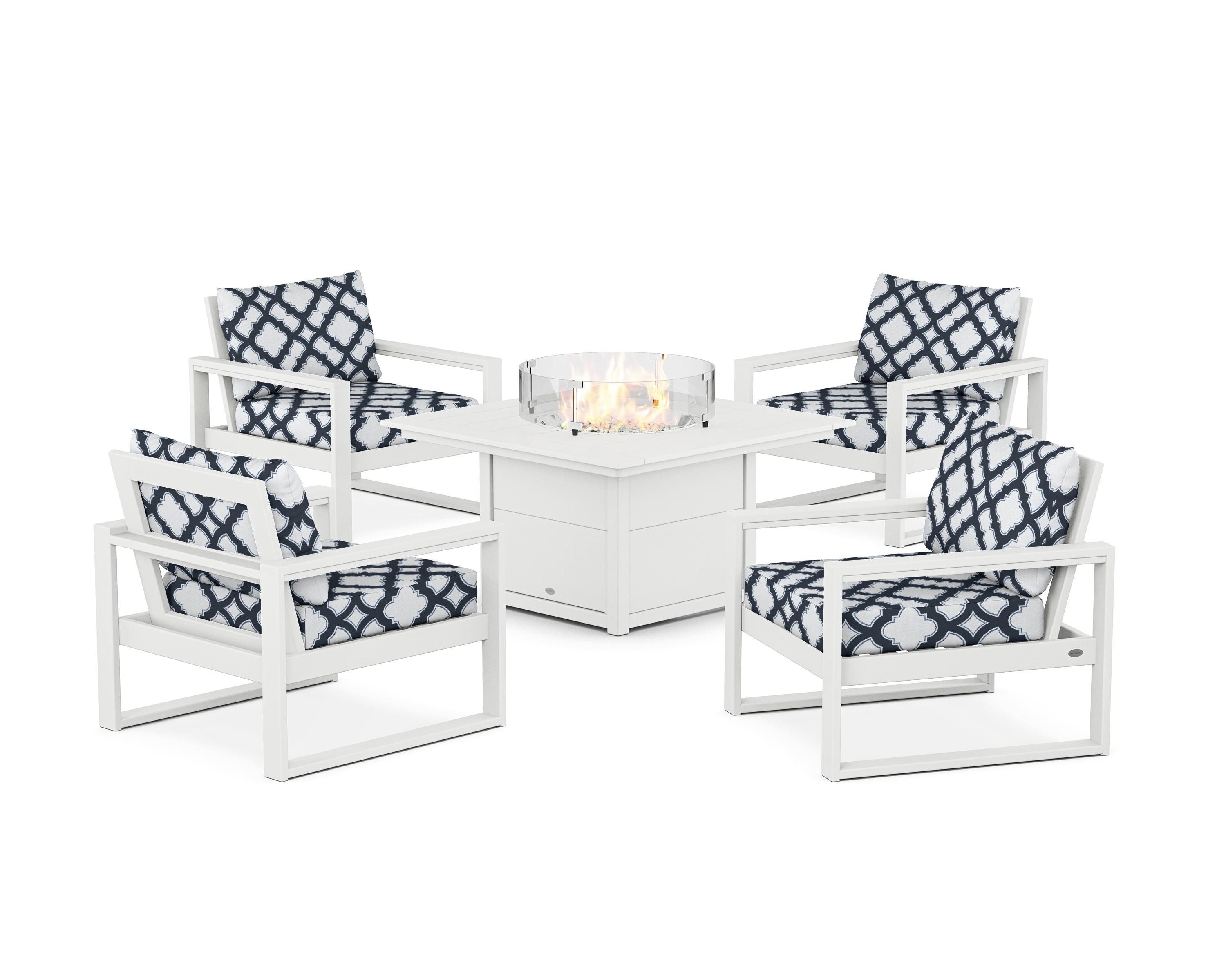 POLYWOOD® EDGE Sectional 5-Piece Deep Seating Set with Fire Pit Table in White / Trellis Marine Indigo
