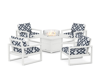 POLYWOOD® EDGE Sectional 5-Piece Deep Seating Set with Fire Pit Table in White / Trellis Marine Indigo