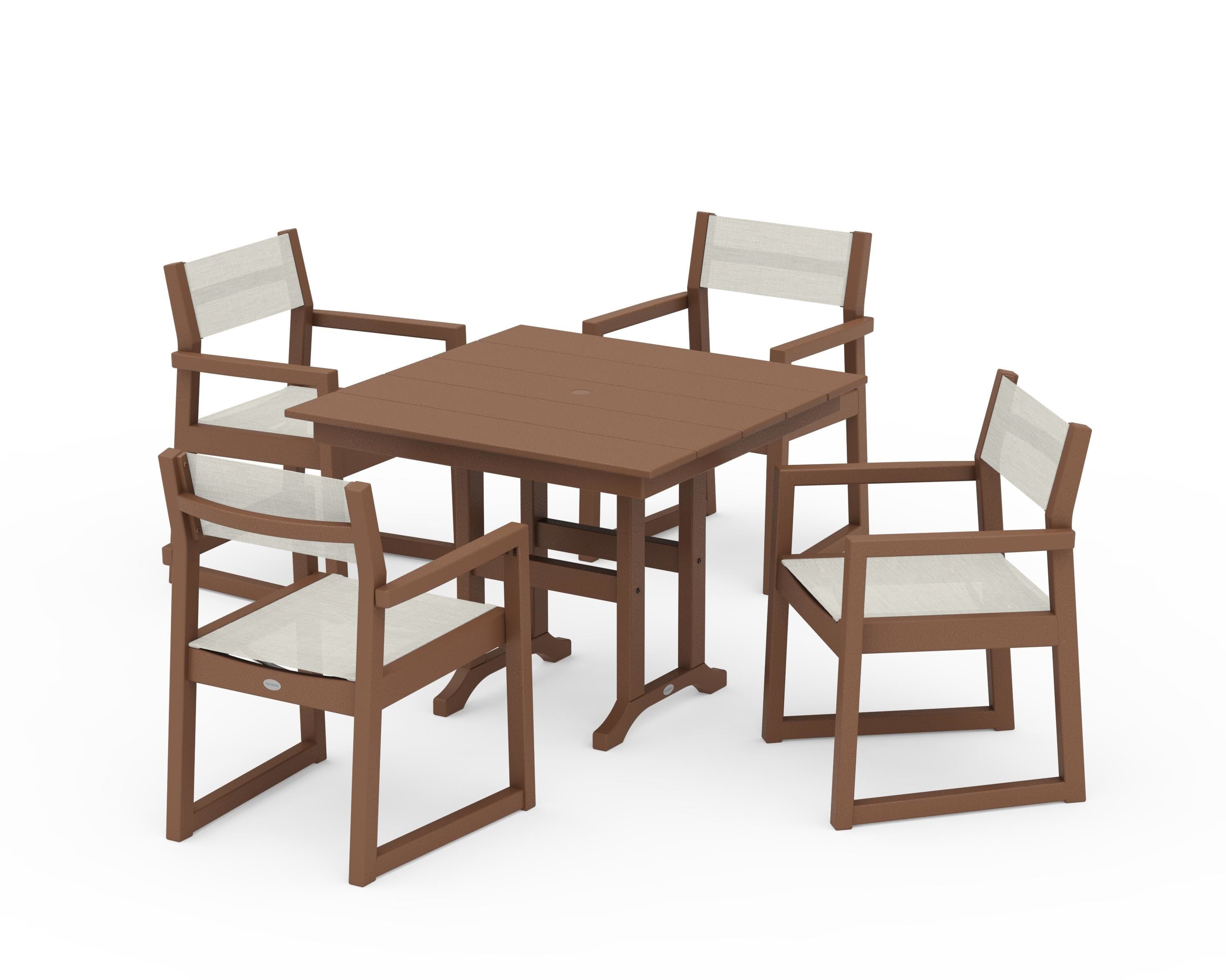 POLYWOOD® EDGE Sling Arm Chair 5-Piece Farmhouse Dining Set in Teak / Parchment Sling