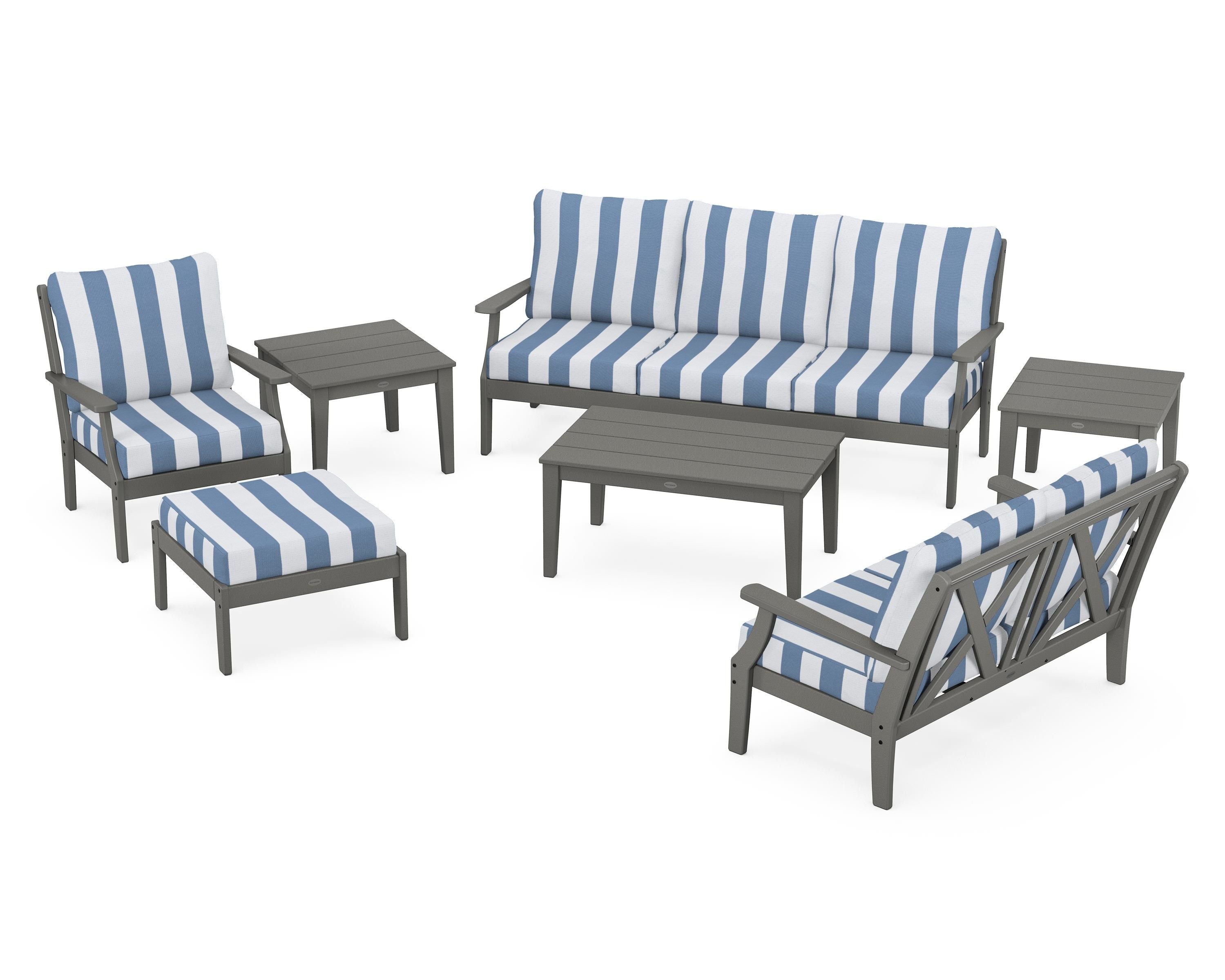 POLYWOOD® Braxton 7-Piece Deep Seating Set in Slate Grey / Cabana Stripe Sky Blue