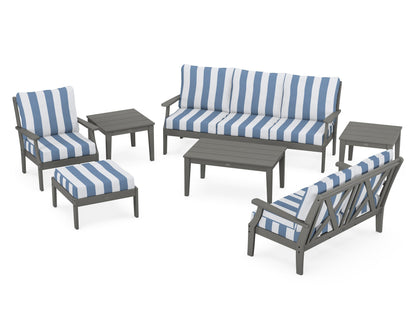 POLYWOOD® Braxton 7-Piece Deep Seating Set in Slate Grey / Cabana Stripe Sky Blue