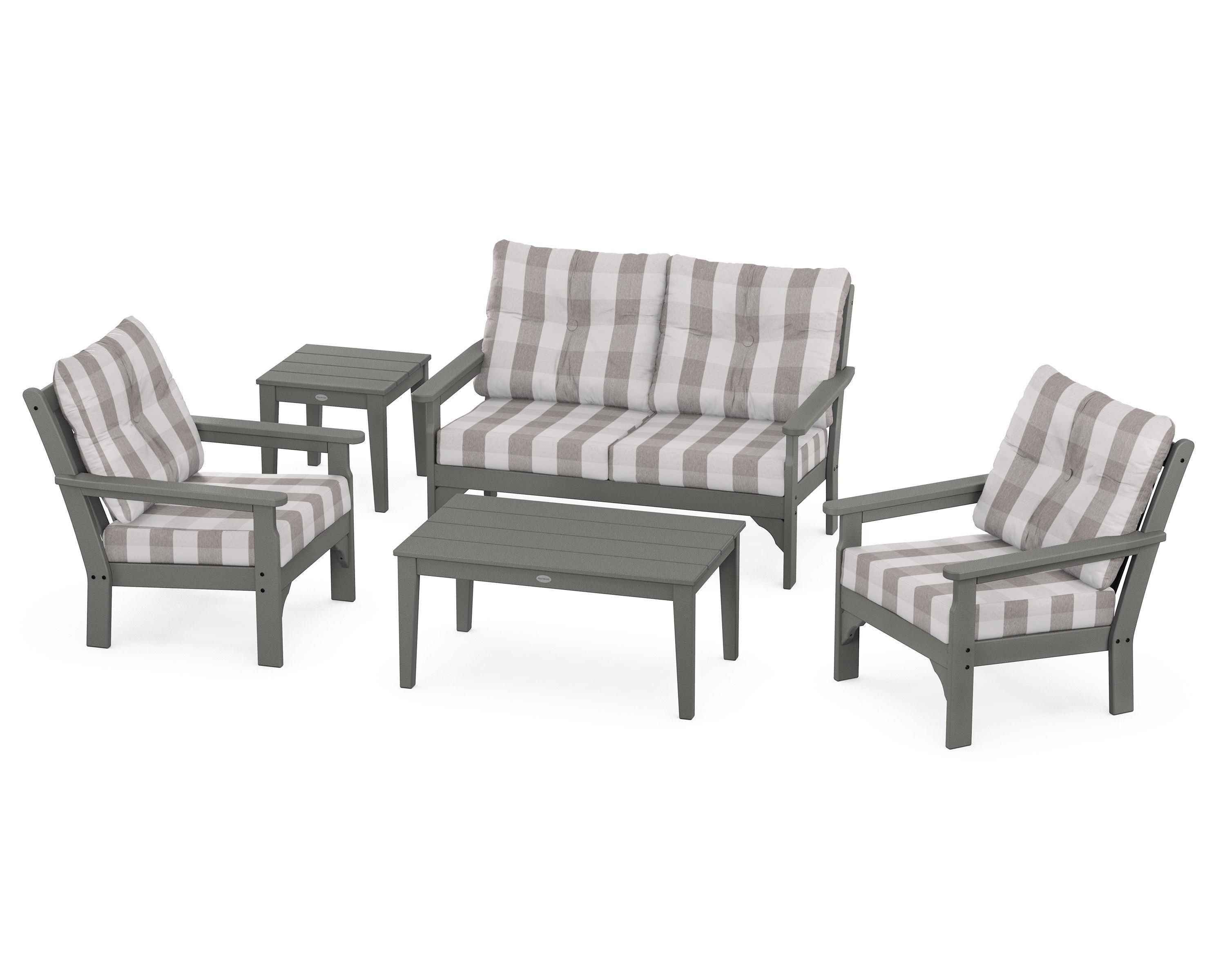 POLYWOOD® Vineyard 5-Piece Deep Seating Set in Slate Grey / Buffalo Plaid Grey Mist