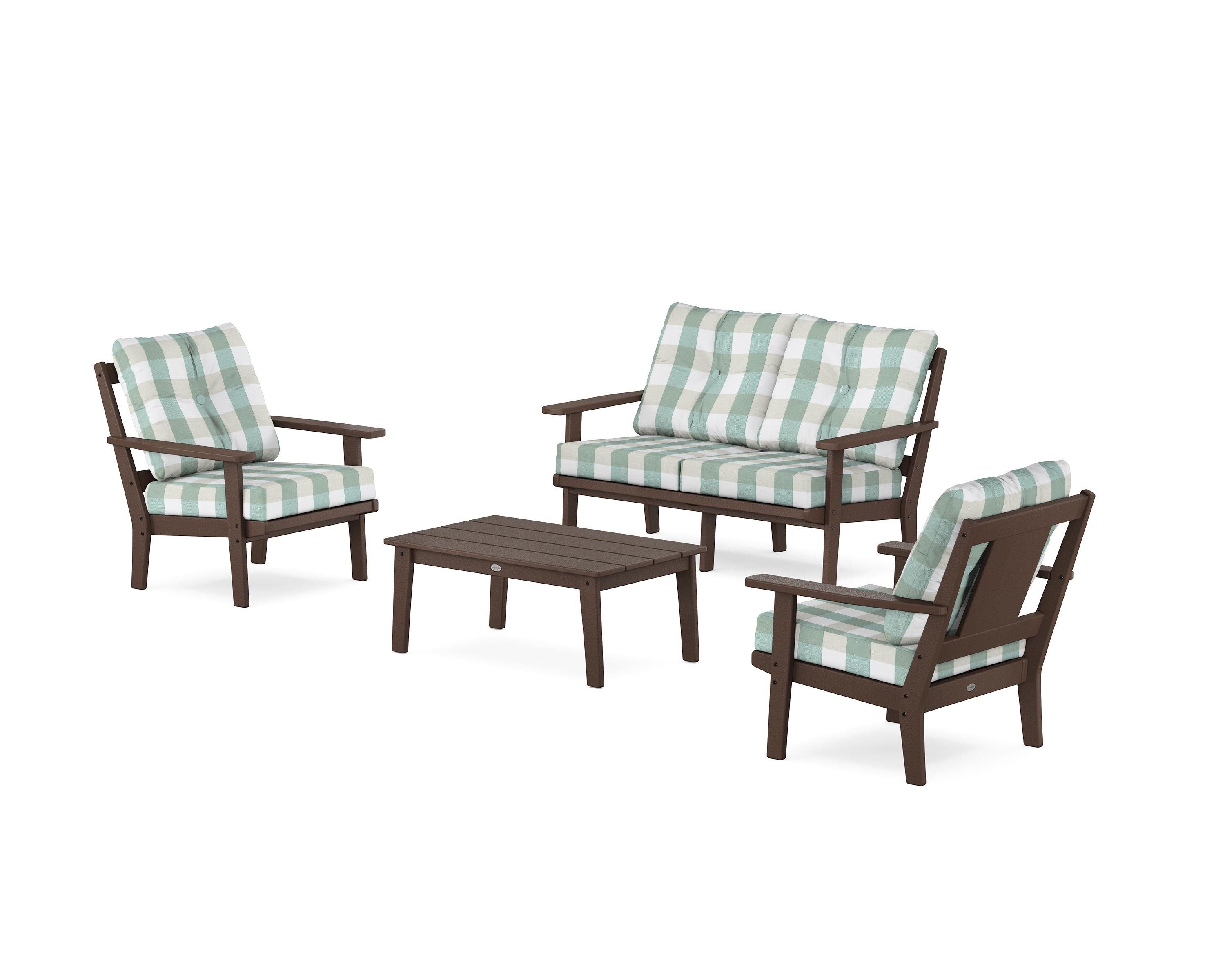 POLYWOOD® Prairie 4-Piece Deep Seating Set with Loveseat in Mahogany / Buffalo Plaid Glacier Spa