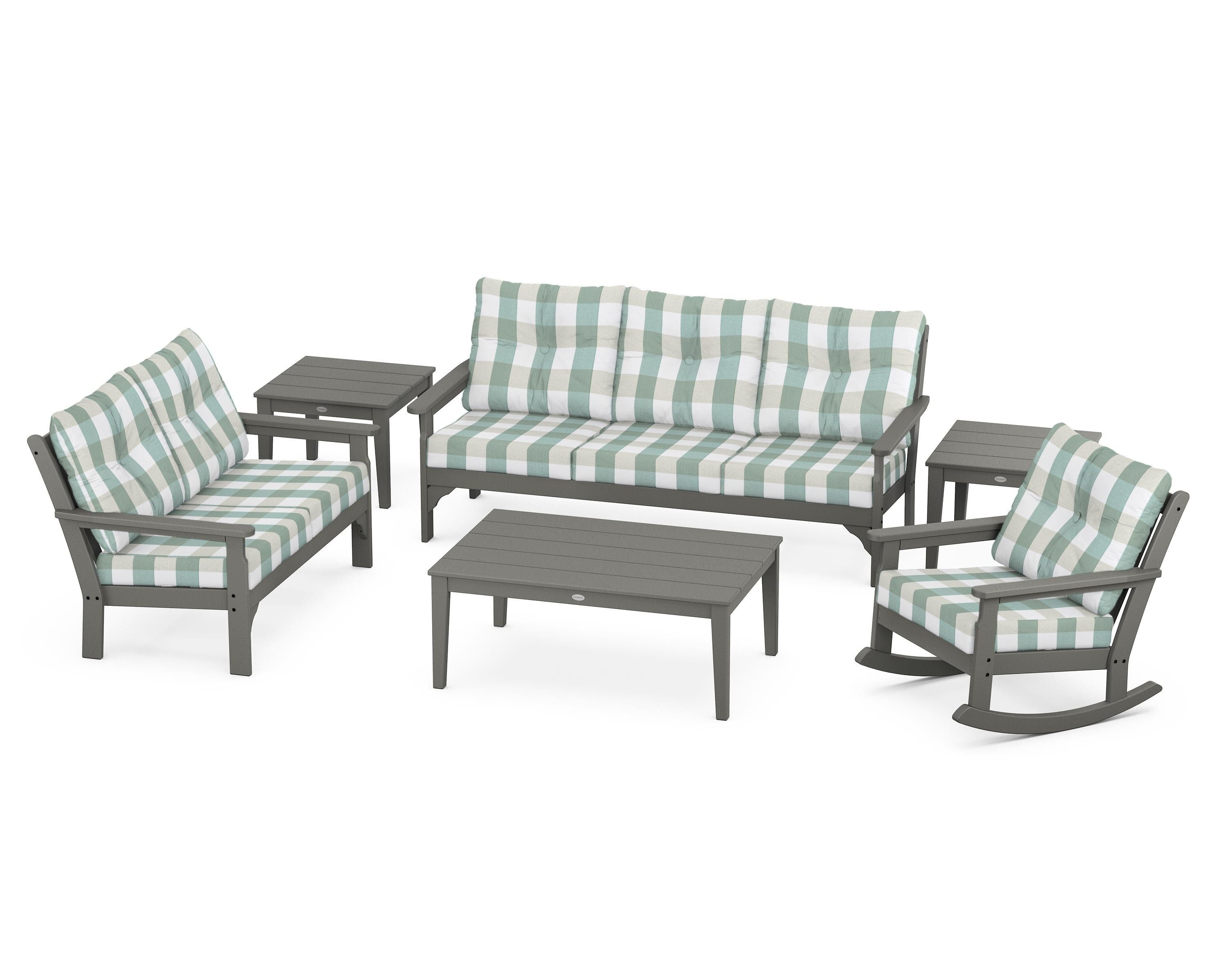 POLYWOOD® Vineyard 6-Piece Deep Seating Set in Slate Grey / Buffalo Plaid Glacier Spa