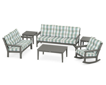 POLYWOOD® Vineyard 6-Piece Deep Seating Set in Slate Grey / Buffalo Plaid Glacier Spa