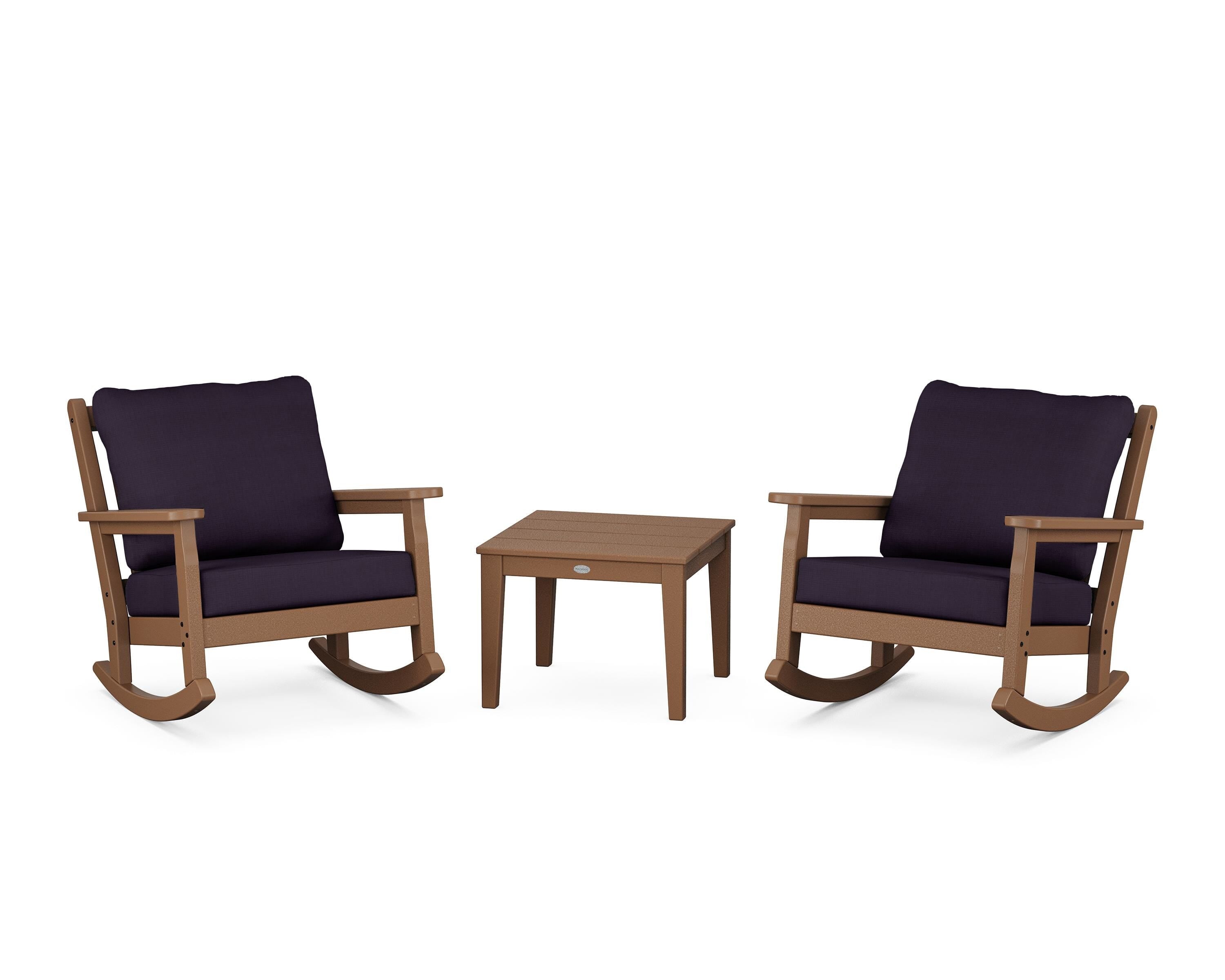 POLYWOOD® Chippendale 3-Piece Deep Seating Rocker Set in Teak / Navy Linen