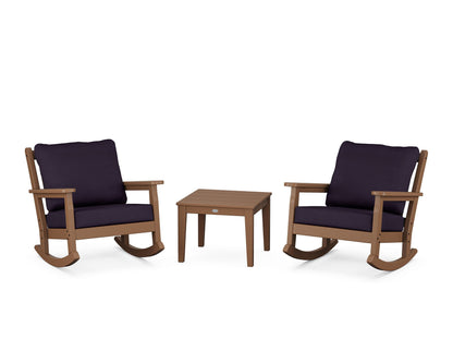 POLYWOOD® Chippendale 3-Piece Deep Seating Rocker Set in Teak / Navy Linen