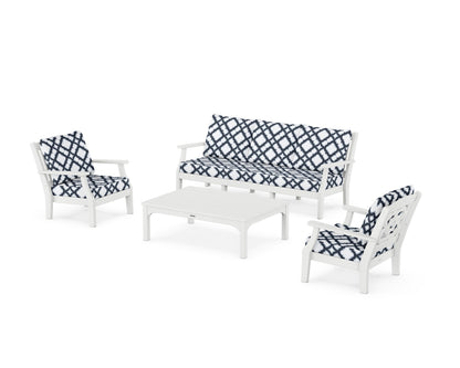 Martha Stewart by POLYWOOD® Chinoiserie 4-Piece Deep Seating Set with Sofa in White / Trellis Marine Indigo