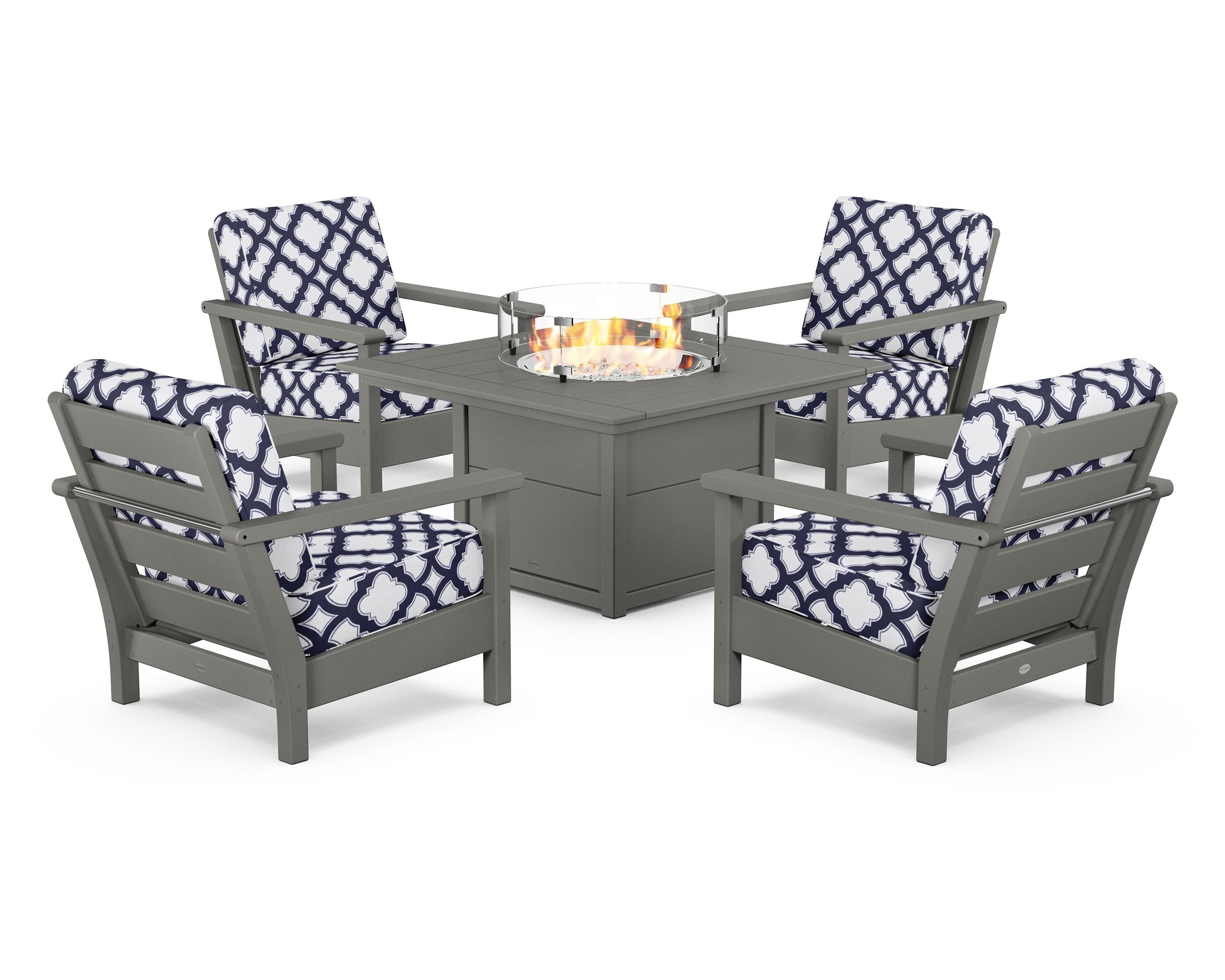 POLYWOOD® Harbour 5-Piece Conversation Set with Fire Pit Table in Slate Grey / Trellis Navy