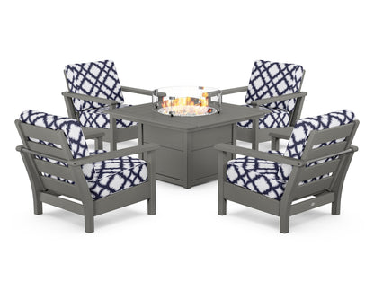 POLYWOOD® Harbour 5-Piece Conversation Set with Fire Pit Table in Slate Grey / Trellis Navy