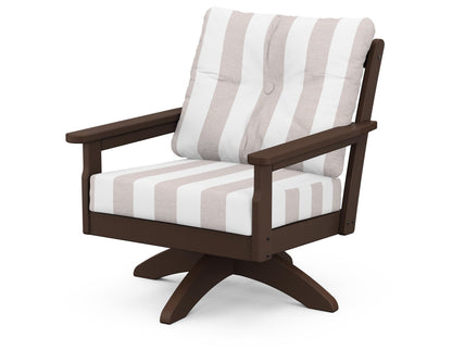 POLYWOOD® Vineyard Deep Seating Swivel Chair in Mahogany / Cabana Stripe Dune Burlap