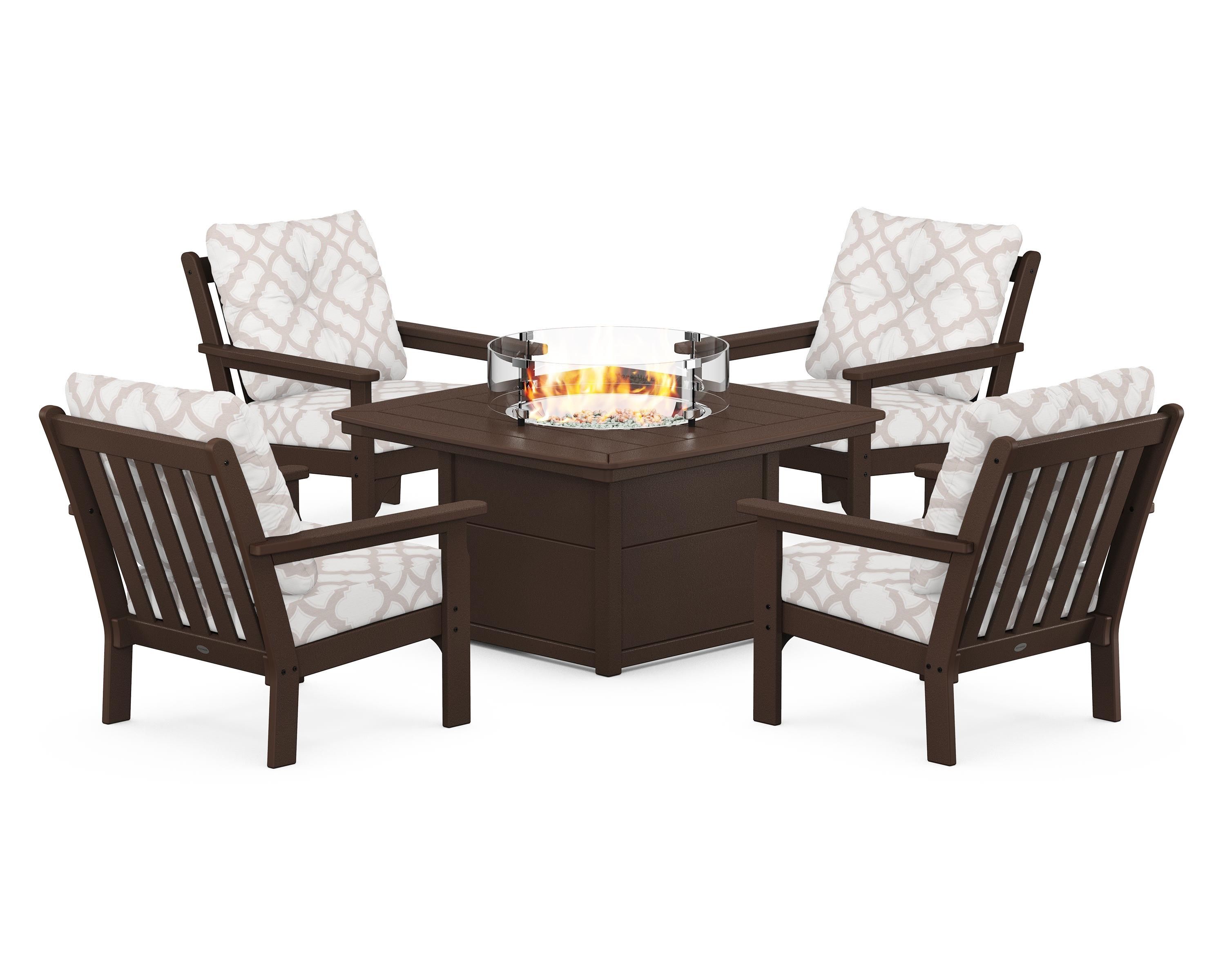 POLYWOOD® Vineyard 5-Piece Conversation Set with Fire Pit Table in Mahogany / Trellis Dune Burlap