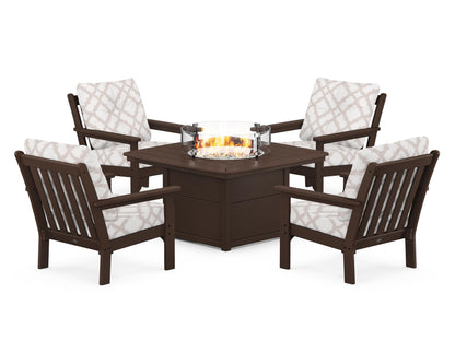 POLYWOOD® Vineyard 5-Piece Conversation Set with Fire Pit Table in Mahogany / Trellis Dune Burlap