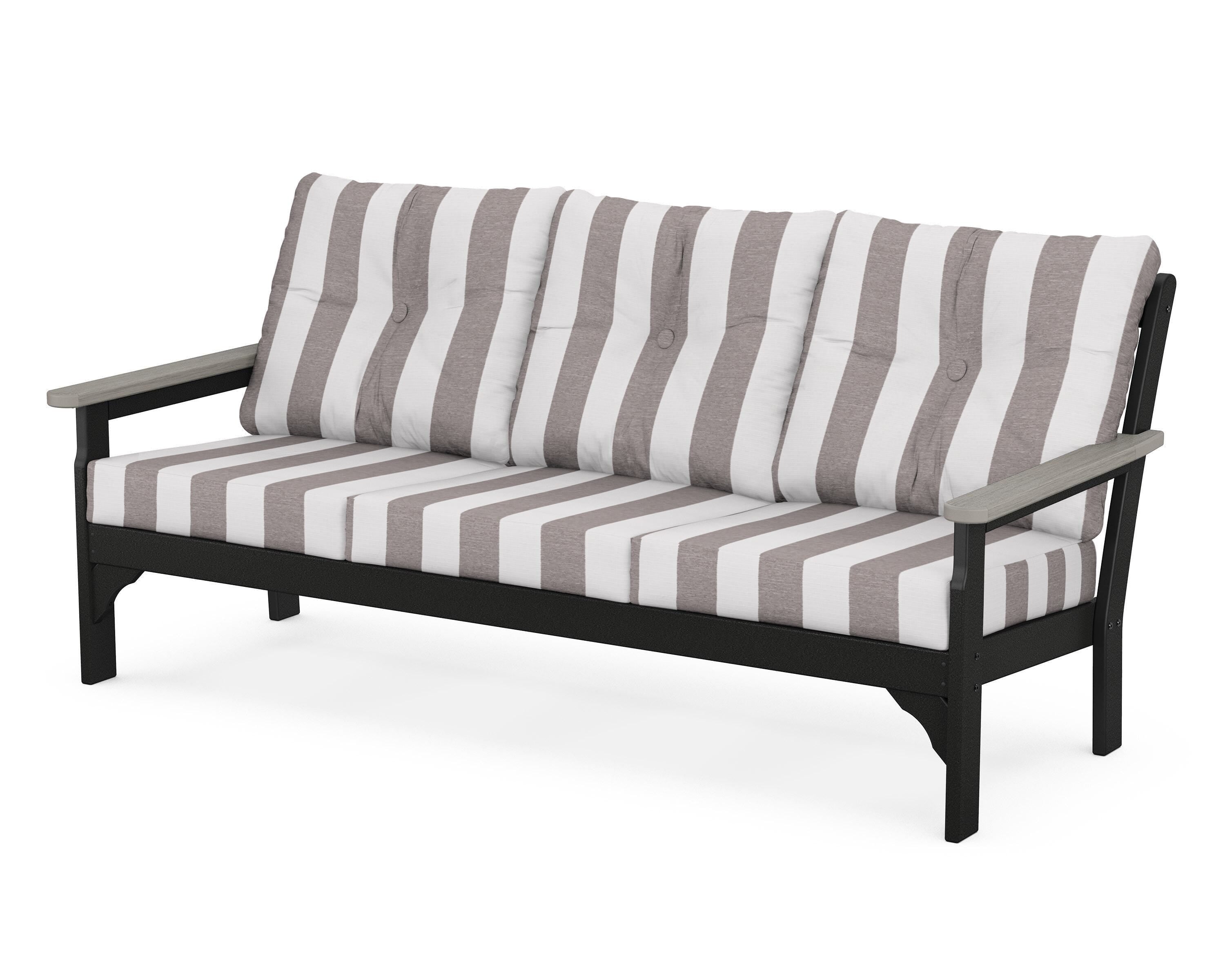 POLYWOOD® Vineyard Deep Seating Sofa in Black / Driftwood / Cabana Stripe Grey Mist
