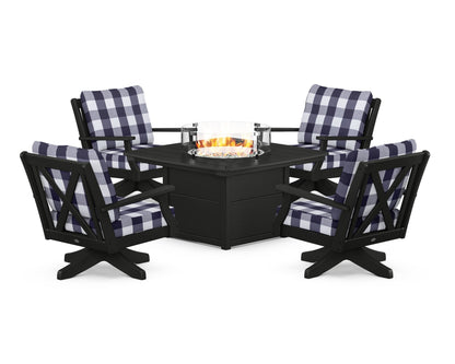 POLYWOOD® Braxton 5-Piece Deep Seating Swivel Conversation Set with Fire Pit Table in Black / Buffalo Plaid Navy