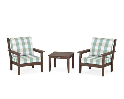 POLYWOOD® Chippendale 3-Piece Deep Seating Set in Mahogany / Buffalo Plaid Glacier Spa